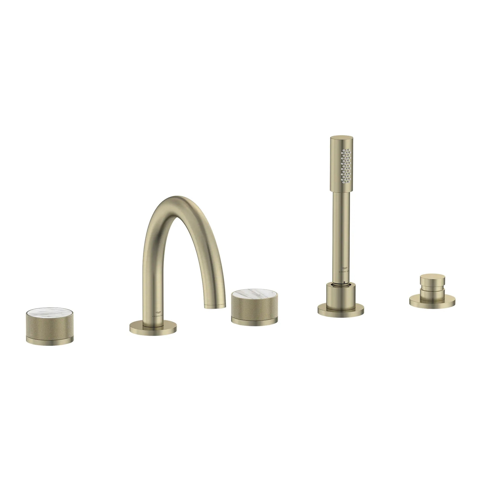 Grohe Atrio Private Collection 5-Hole 2-Handle Deckmount Brushed Nickel Infinity Tub Filler With Knob Handles With 1.75 GPM Hand Shower