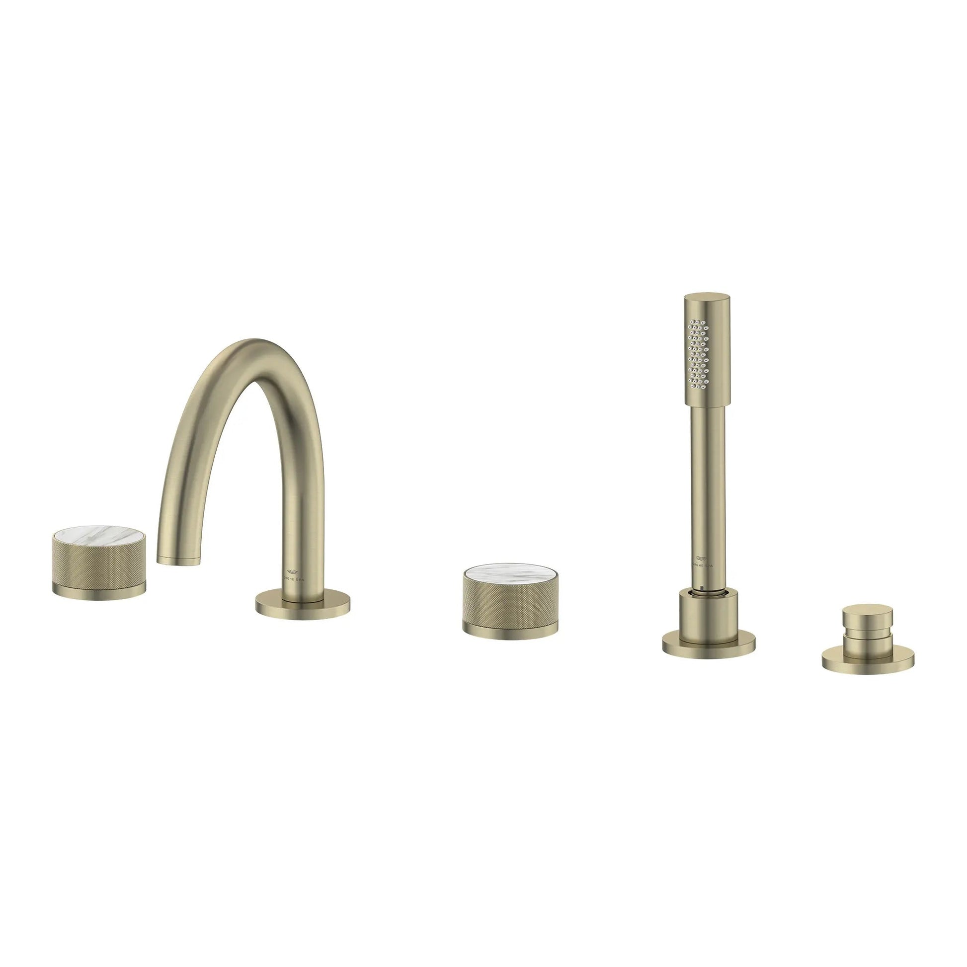 Grohe Atrio Private Collection 5-Hole 2-Handle Deckmount Brushed Nickel Infinity Tub Filler With Knob Handles With 1.75 GPM Hand Shower