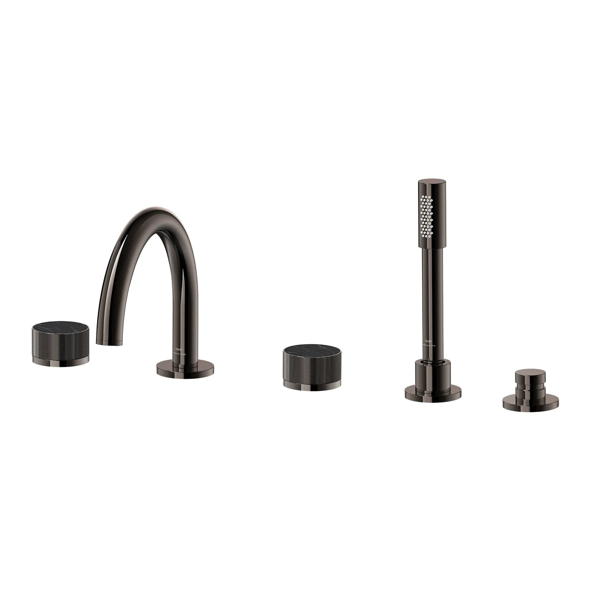 Grohe Atrio Private Collection 5-Hole 2-Handle Deckmount Hard Graphite Tub Filler With Knob Handles With 1.75 GPM Hand Shower