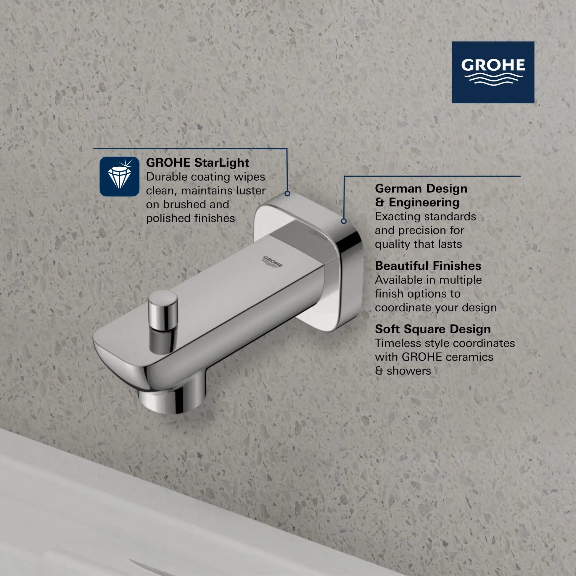 Grohe Cubeo StarLight Chrome Soft Square Shape Wall Mount Diverter Tub Spout