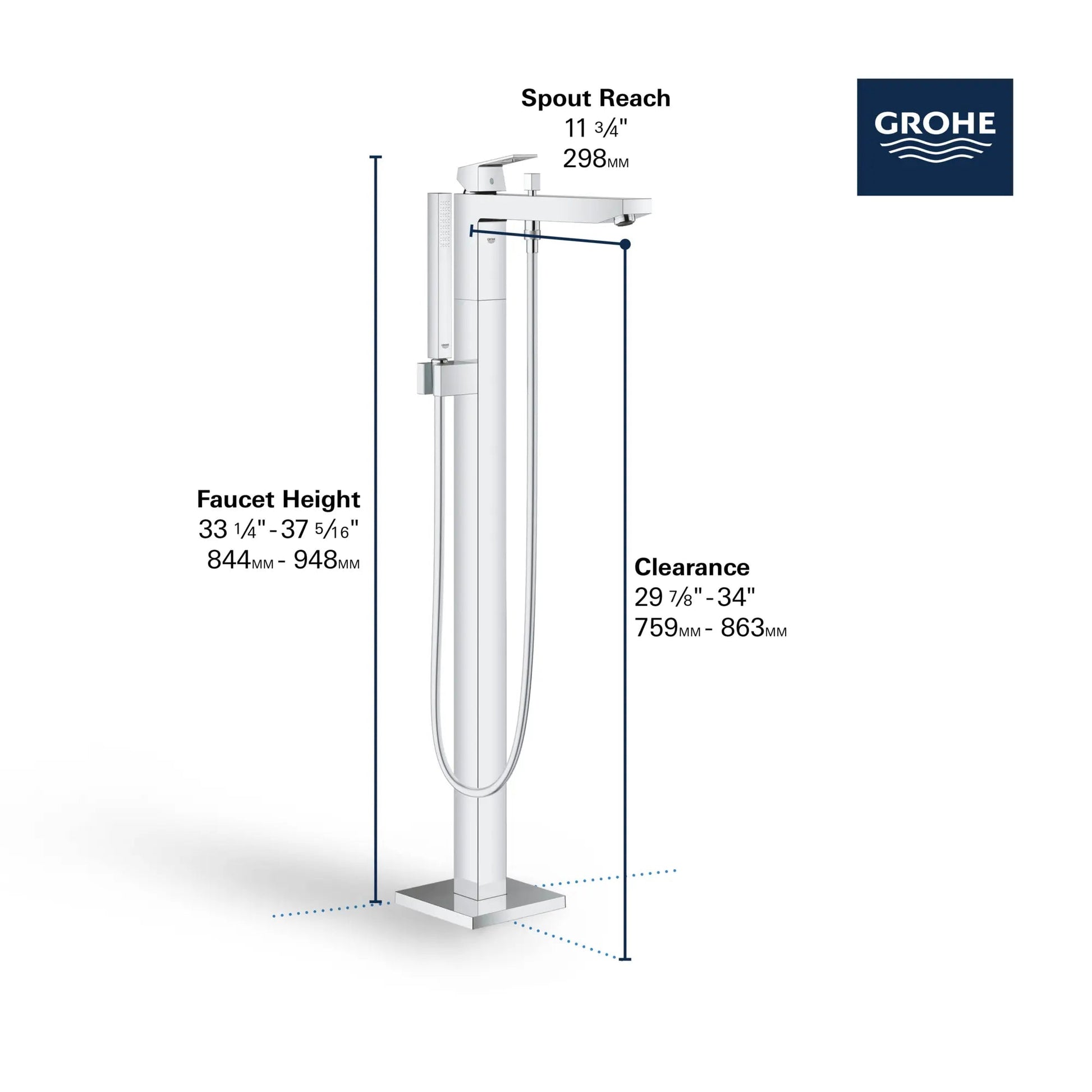 Grohe Eurocube® Single-Handle StarLight Chrome Freestanding Tub Faucet With 1.75 GPM Hand Shower