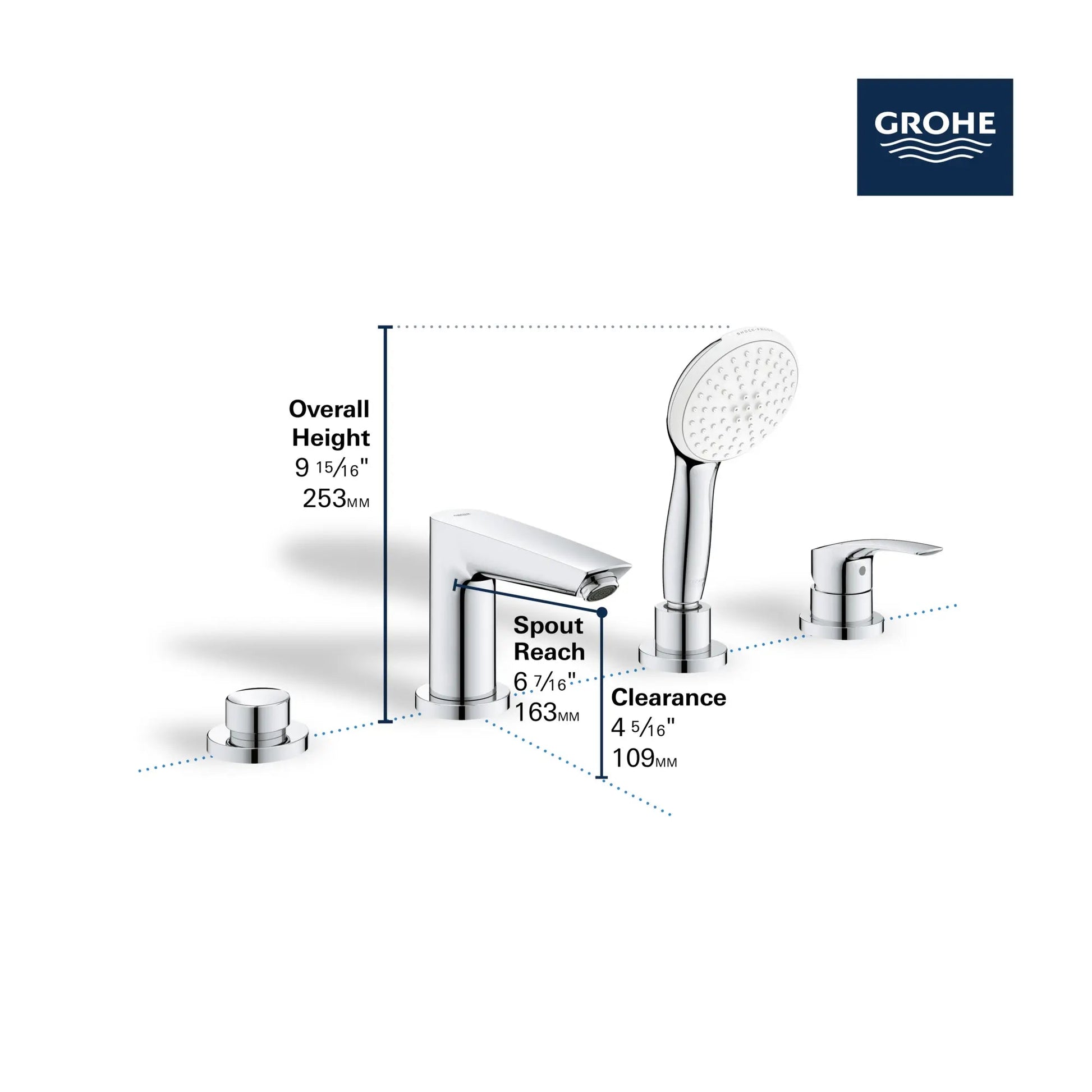 Grohe Eurosmart 4-Hole Single Handle Deck Mount Roman StarLight Chrome Tub Faucet With 1.5 GPM Hand Shower