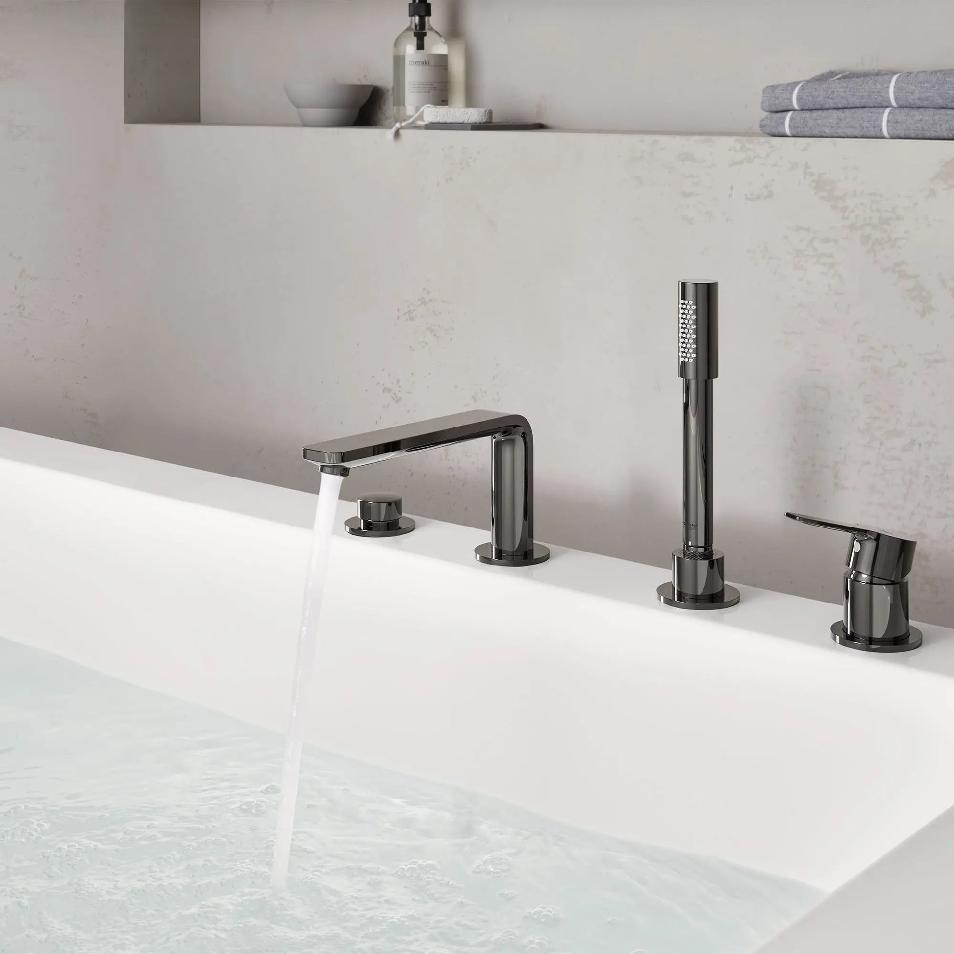 Grohe Lineare™ 4-Hole Single-Handle Deck Mount Hard Graphite Roman Tub Faucet With 1.75 GPM Hand Shower