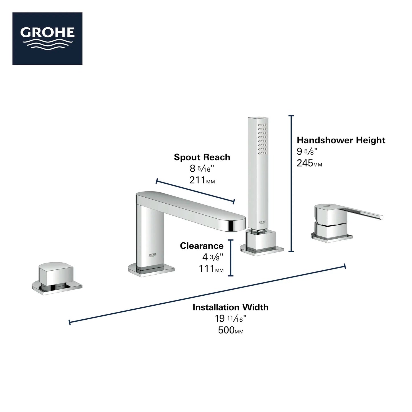 Grohe Plus StarLight Chrome 4-Hole Single-Handle Deck Mount Roman Tub Faucet With 1.75 GPM Hand Shower