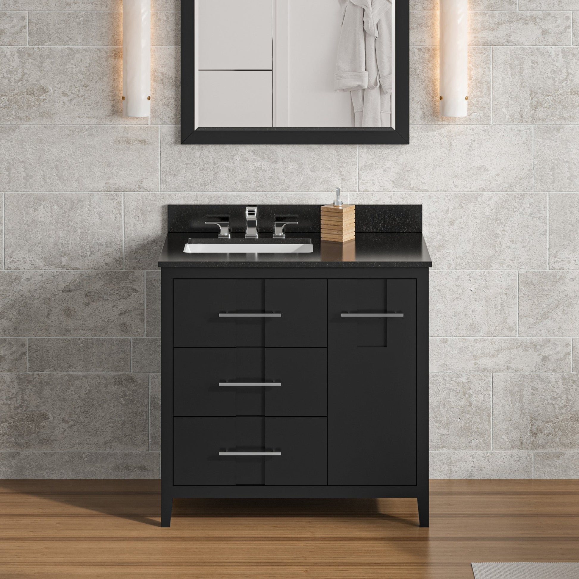 Hardware Resources Jeffrey Alexander Katara 36" Black Freestanding Vanity With Left Offset, Black Granite Vanity Top, Backsplash and Rectangle Undermount Sink