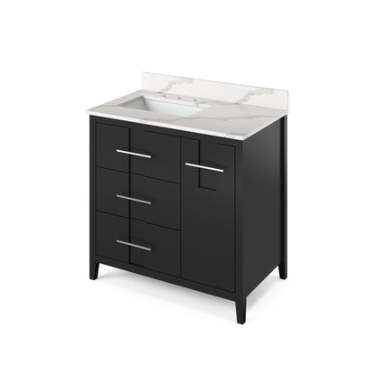 Hardware Resources Jeffrey Alexander Katara 36" Black Freestanding Vanity With Left Offset, Calacatta Vienna Quartz Vanity Top, Backsplash and Rectangle Undermount Sink