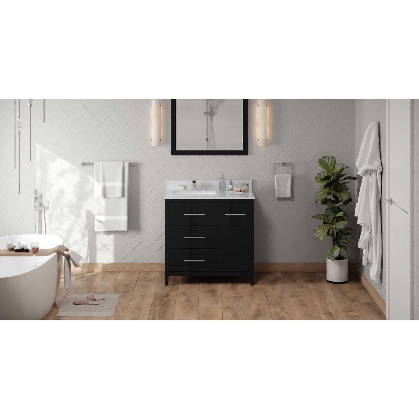 Hardware Resources Jeffrey Alexander Katara 36" Black Freestanding Vanity With Left Offset, White Carrara Marble Vanity Top, Backsplash and Rectangle Undermount Sink