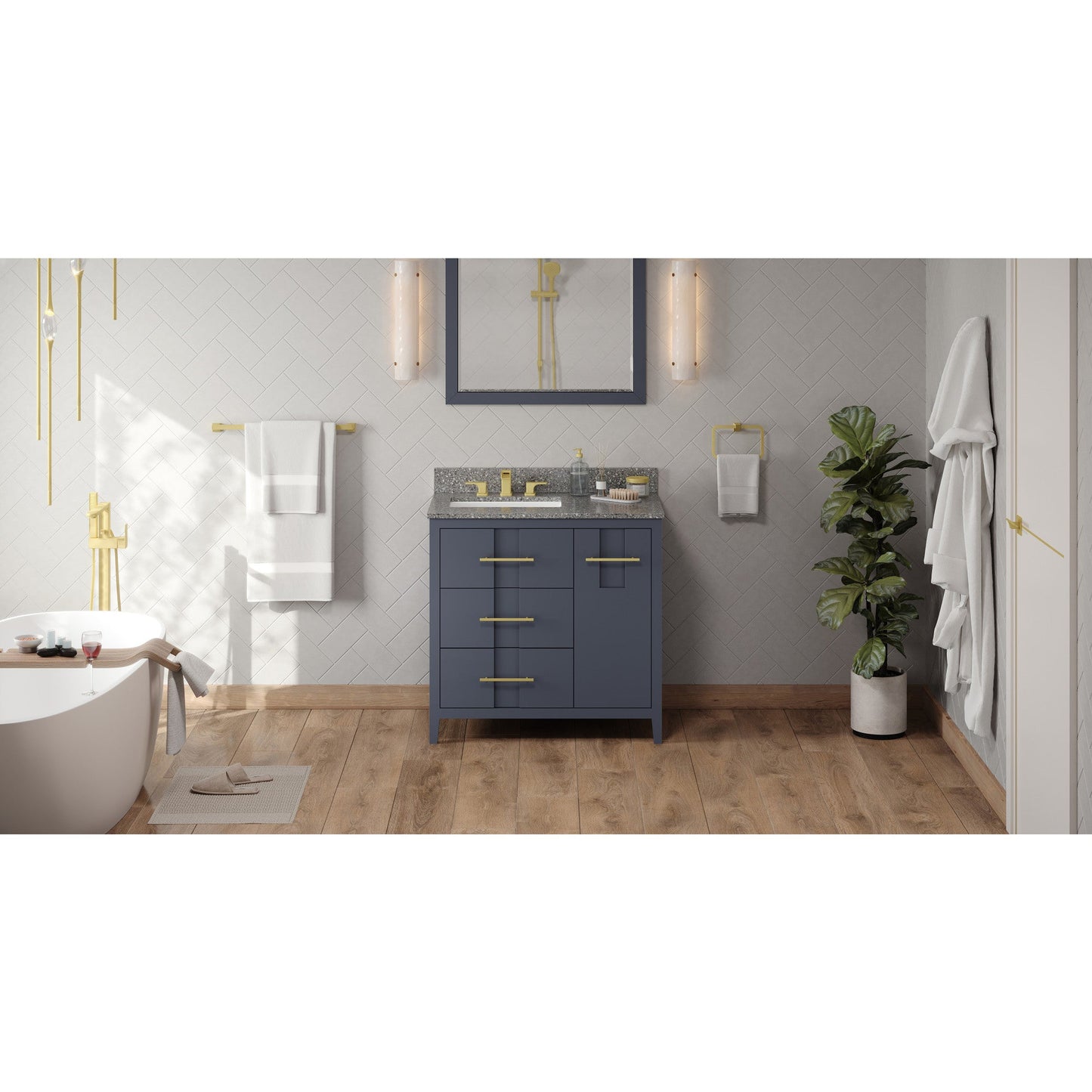 Hardware Resources Jeffrey Alexander Katara 36" Blue Steel Freestanding Vanity With Left Offset, Boulder Vanity Cultured Marble Vanity Top, Backsplash and Rectangle Undermount Sink