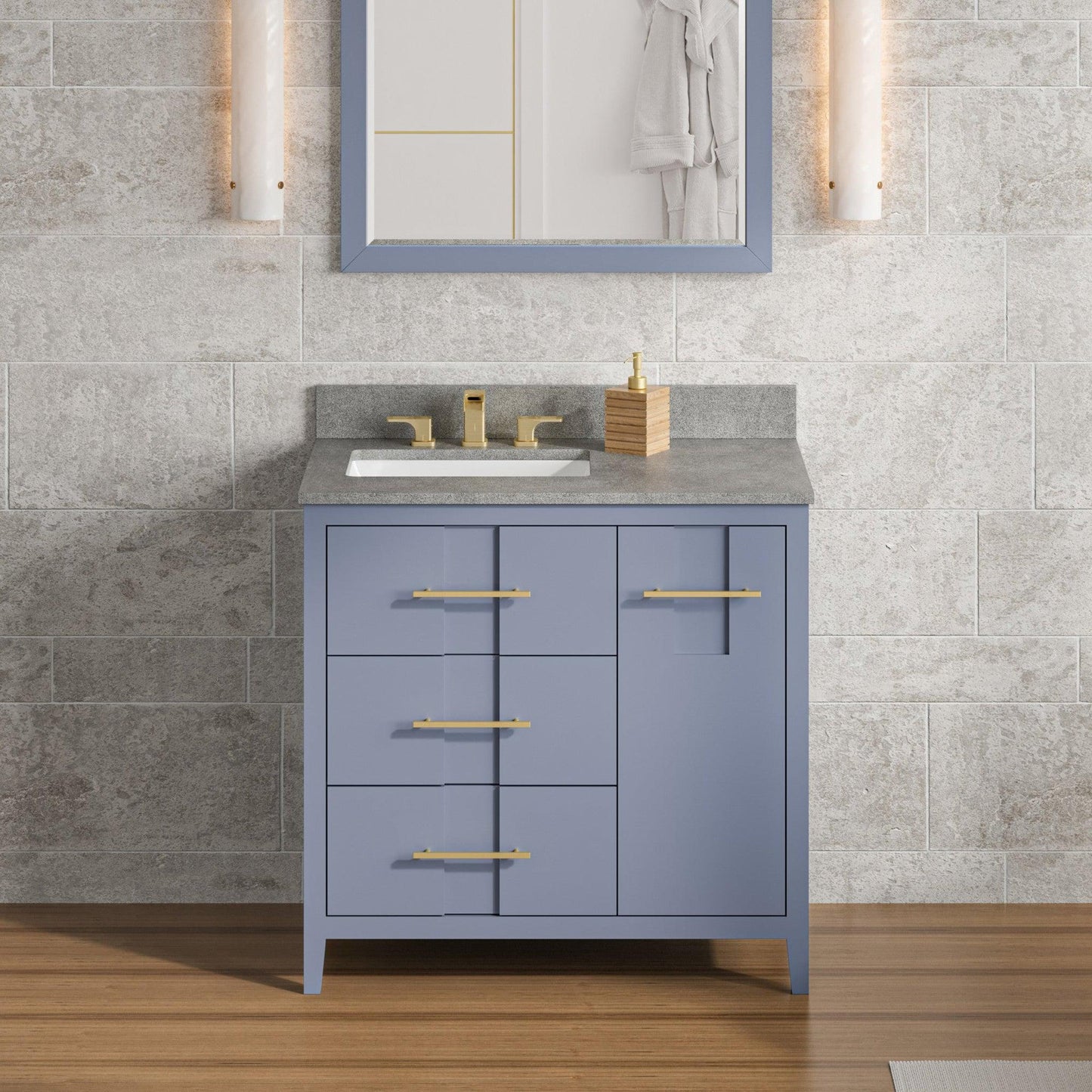 Hardware Resources Jeffrey Alexander Katara 36" Blue Steel Freestanding Vanity With Left Offset, Steel Gray Cultured Marble Vanity Top, Backsplash and Rectangle Undermount Sink