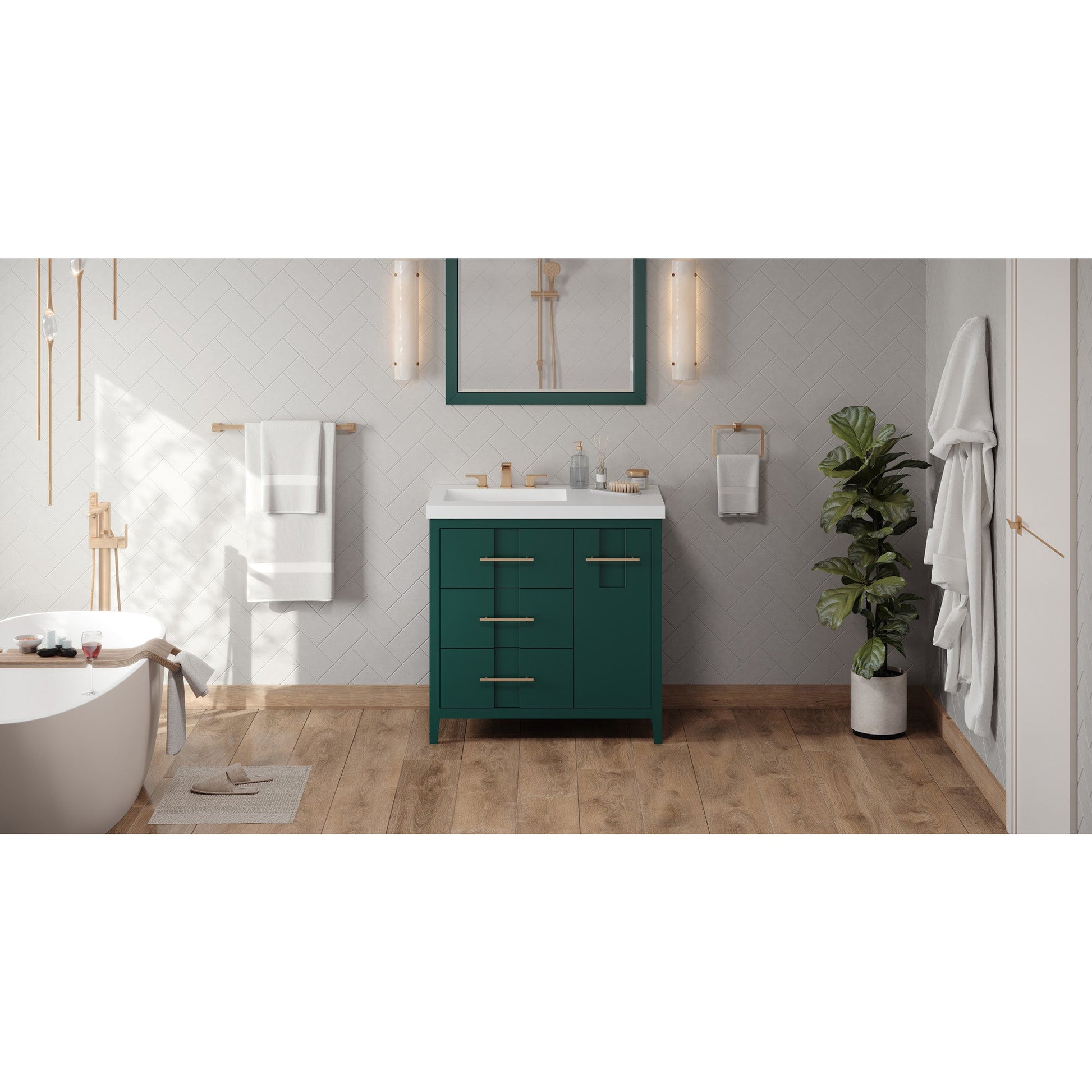 Hardware Resources Jeffrey Alexander Katara 36" Green Freestanding Vanity With Left Offset, Lavante Cultured Marble Vessel Vanity Top , Backsplash and Rectangle Undermount Sink