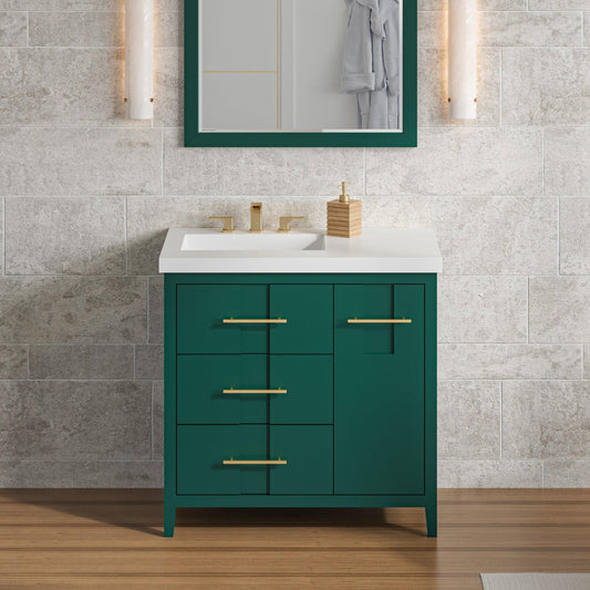 Hardware Resources Jeffrey Alexander Katara 36" Green Freestanding Vanity With Left Offset, Lavante Cultured Marble Vessel Vanity Top , Backsplash and Rectangle Undermount Sink