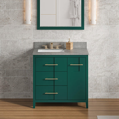 Hardware Resources Jeffrey Alexander Katara 36" Green Freestanding Vanity With Left Offset, Steel Gray Cultured Marble Vanity Top, Backsplash and Rectangle Undermount Sink