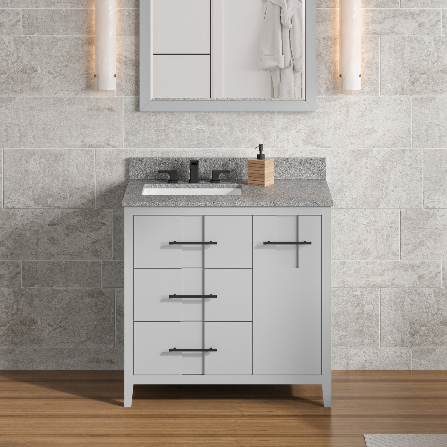 Hardware Resources Jeffrey Alexander Katara 36" Grey Freestanding Vanity With Left Offset, Boulder Vanity Cultured Marble Vanity Top, Backsplash and Rectangle Undermount Sink