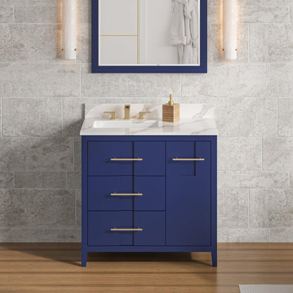 Hardware Resources Jeffrey Alexander Katara 36" Hale Blue Freestanding Vanity With Left Offset, Calacatta Vienna Quartz Vanity Top, Backsplash and Rectangle Undermount Sink