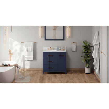 Hardware Resources Jeffrey Alexander Katara 36" Hale Blue Freestanding Vanity With Left Offset, White Carrara Marble Vanity Top, Backsplash and Rectangle Undermount Sink