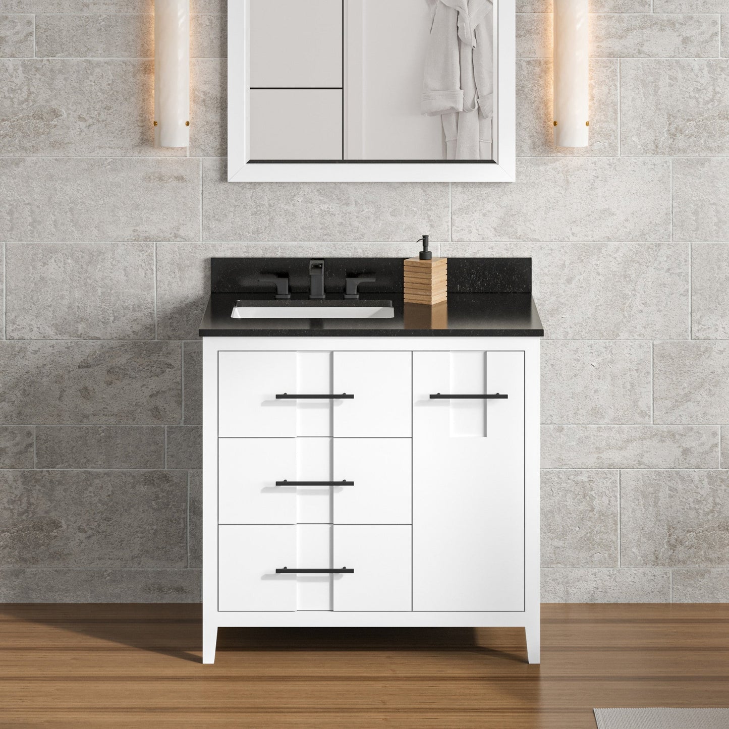 Hardware Resources Jeffrey Alexander Katara 36" White Freestanding Vanity With Left Offset, Black Granite Vanity Top, Backsplash and Rectangle Undermount Sink