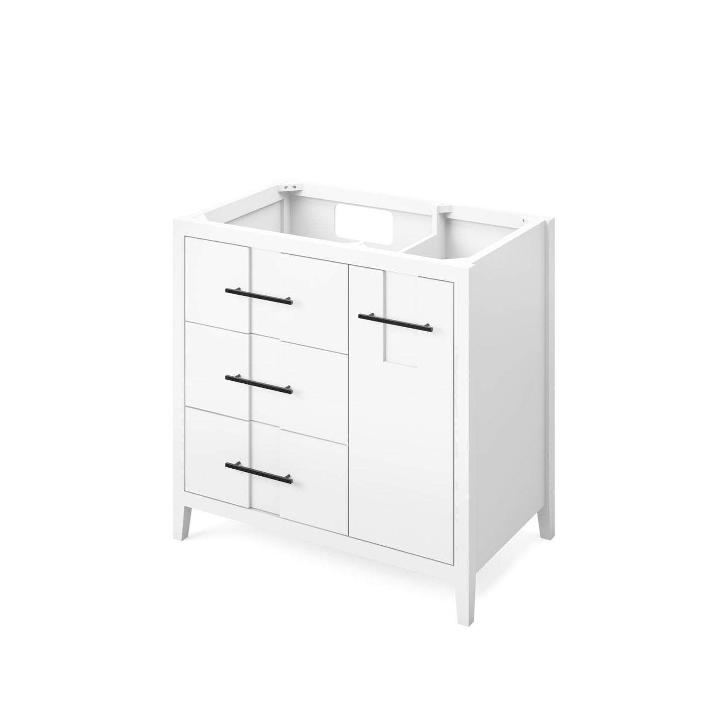 Hardware Resources Jeffrey Alexander Katara 36" White Freestanding Vanity With Left Offset, Calacatta Vienna Quartz Vanity Top, Backsplash and Rectangle Undermount Sink