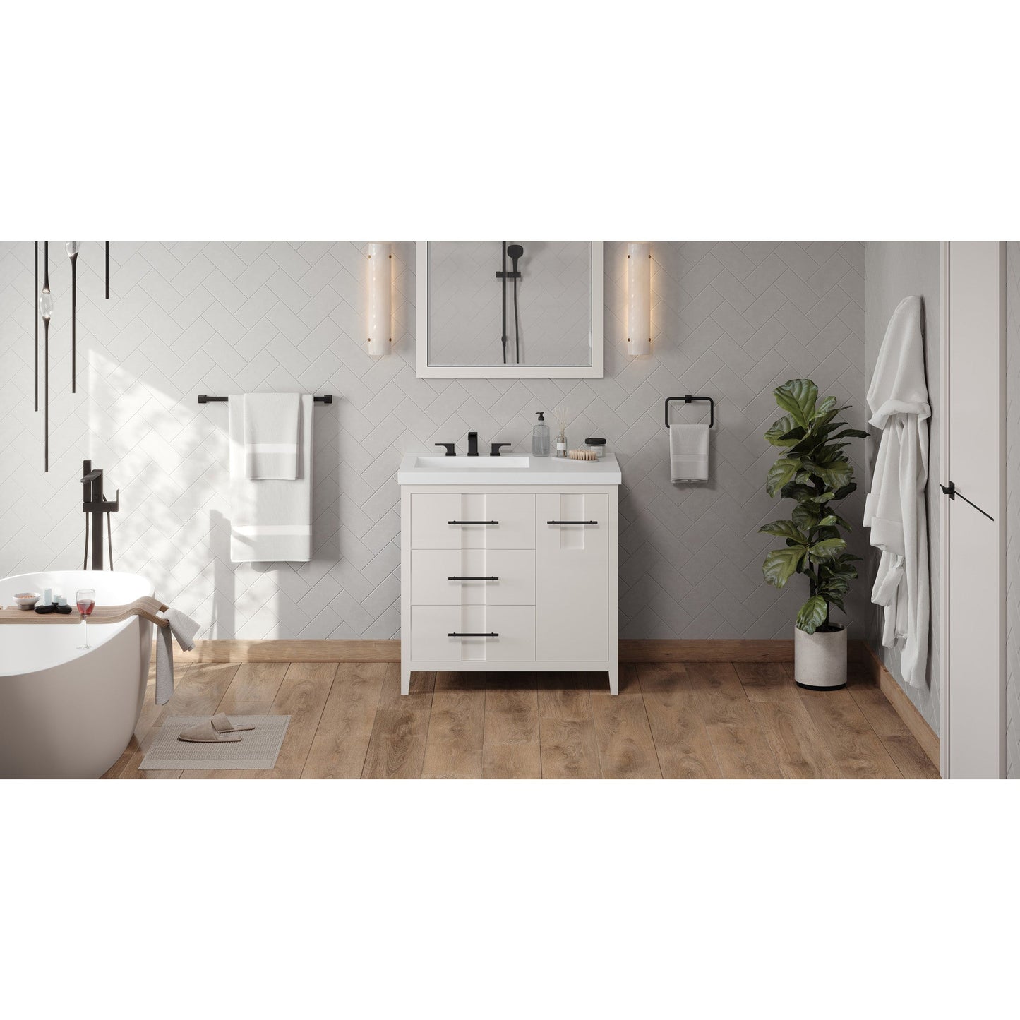 Hardware Resources Jeffrey Alexander Katara 36" White Freestanding Vanity With Left Offset, Lavante Cultured Marble Vessel Vanity Top , Backsplash and Rectangle Undermount Sink