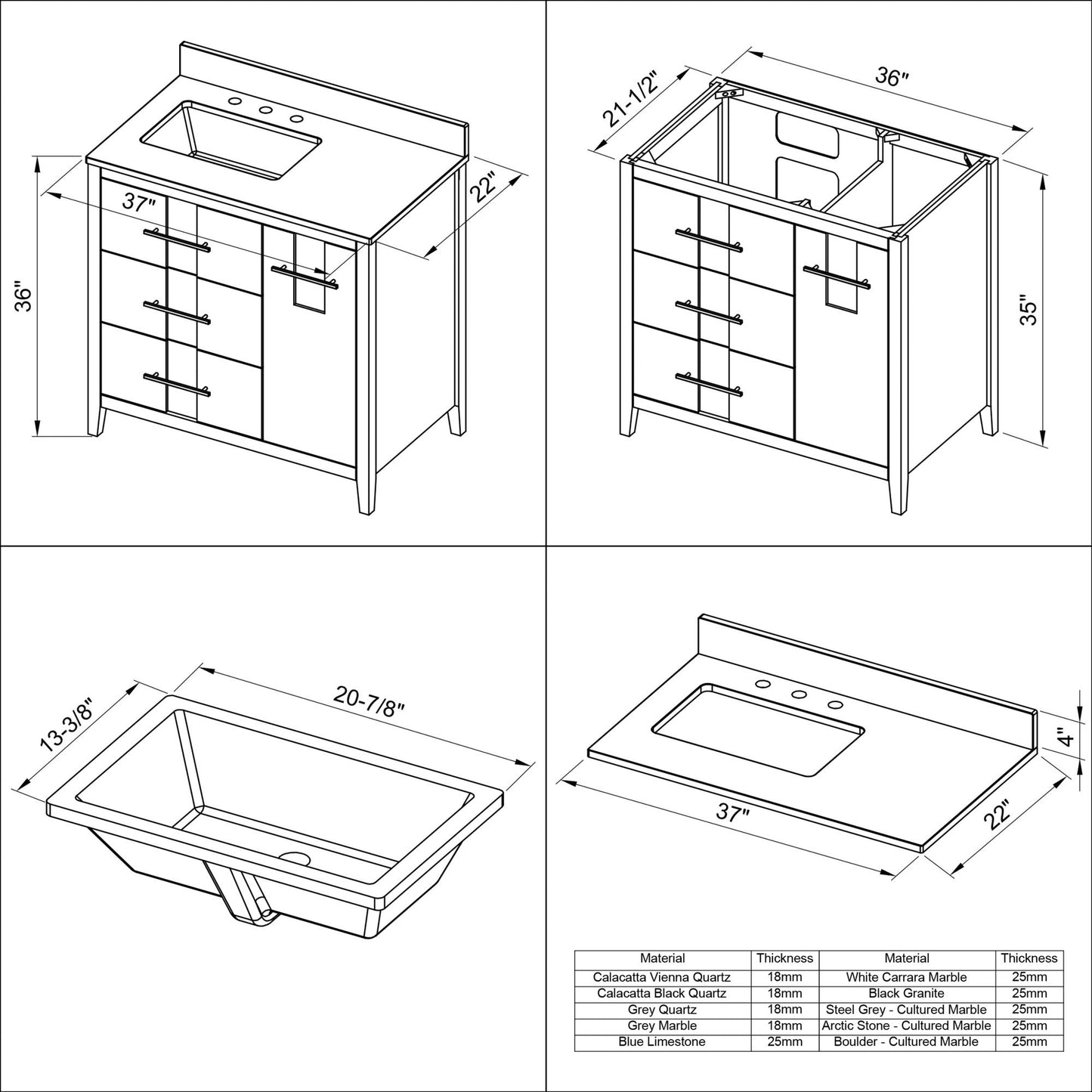 Hardware Resources Jeffrey Alexander Katara 36" White Freestanding Vanity With Left Offset, Steel Gray Cultured Marble Vanity Top, Backsplash and Rectangle Undermount Sink