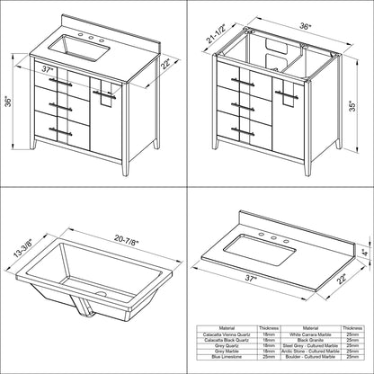 Hardware Resources Jeffrey Alexander Katara 36" White Freestanding Vanity With Left Offset, Steel Gray Cultured Marble Vanity Top, Backsplash and Rectangle Undermount Sink