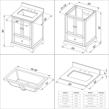 Hardware Resources Jeffrey Alexander Silver Label Addington 24" 2-Door 1-Drawer Gray Freestanding Vanity With Calacatta Vienna Quartz Vanity Top, Backsplash and Rectangle Undermount Sink