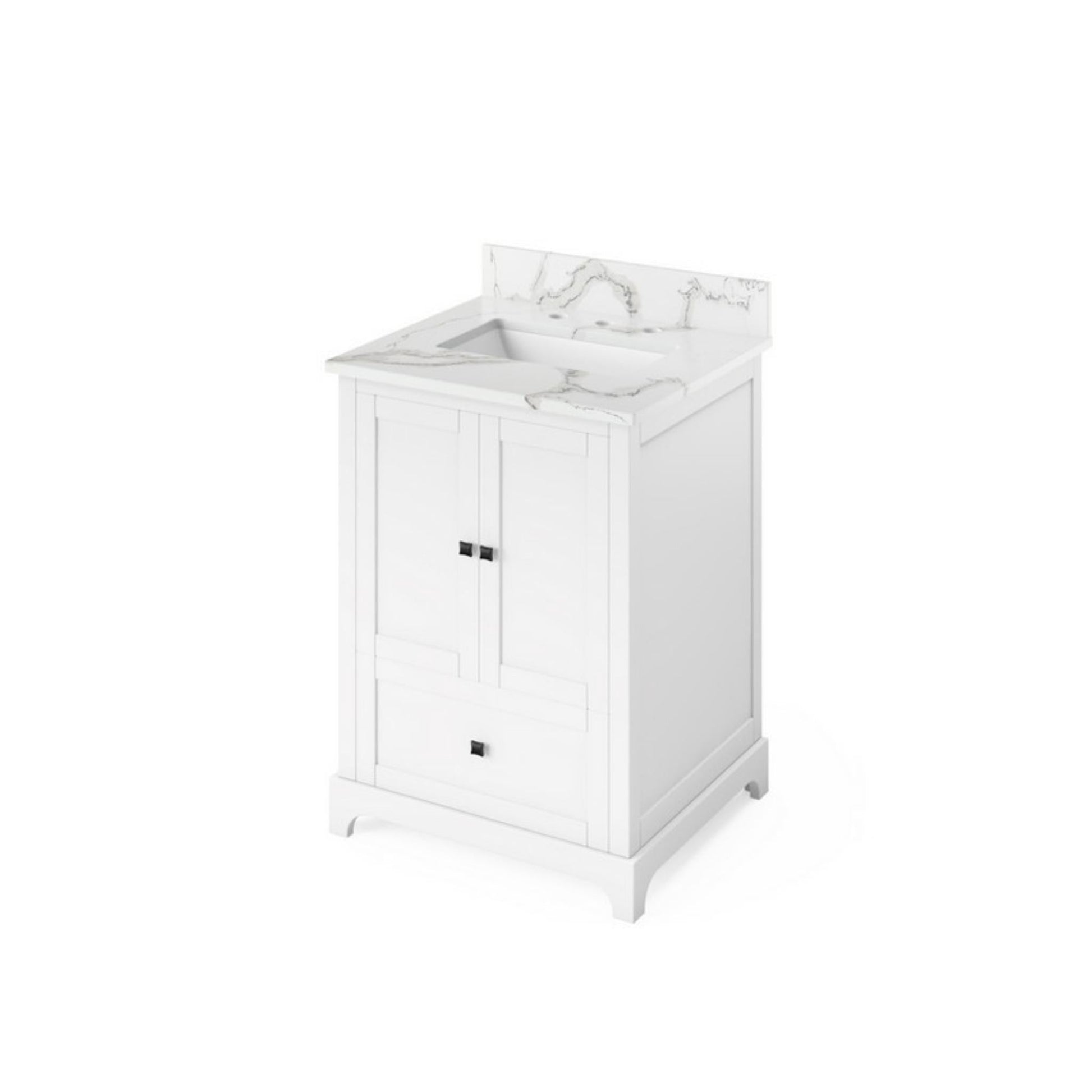 Hardware Resources Jeffrey Alexander Silver Label Addington 24" 2-Door 1-Drawer White Freestanding Vanity With Calacatta Vienna Quartz Vanity Top, Backsplash and Rectangle Undermount Sink