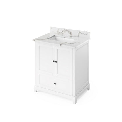 Hardware Resources Jeffrey Alexander Silver Label Addington 30" 2-Door 1-Drawer White Freestanding Vanity With Calacatta Vienna Quartz Vanity Top, Backsplash and Rectangle Undermount Sink