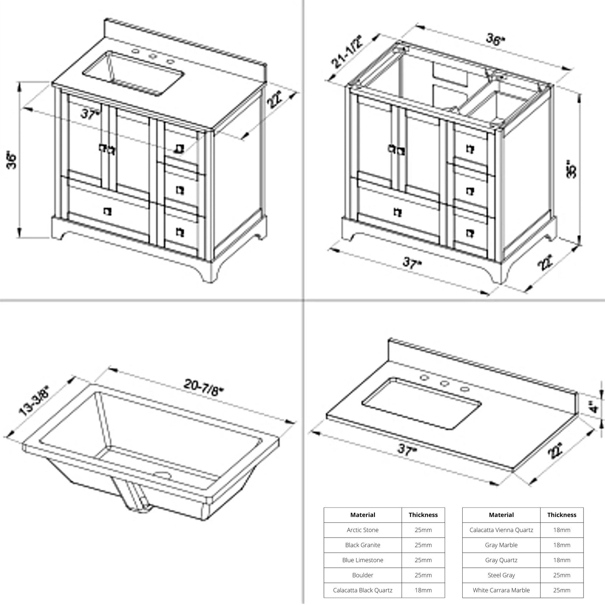 Hardware Resources Jeffrey Alexander Silver Label Addington 36" 2-Door 4-Drawer Gray Freestanding Vanity With Left Offset, Black Granite Vanity Top, Backsplash and Rectangle Undermount Sink