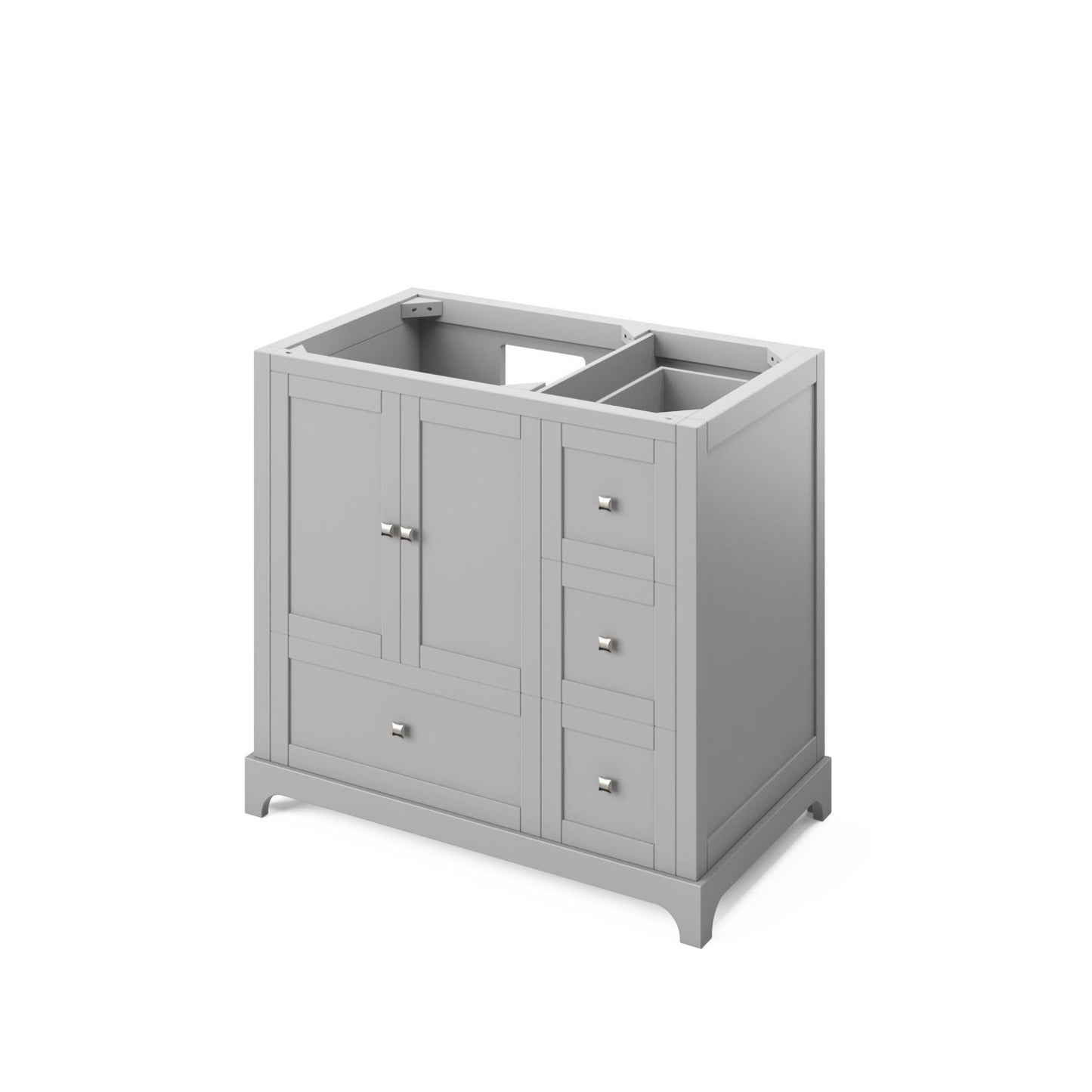 Hardware Resources Jeffrey Alexander Silver Label Addington 36" 2-Door 4-Drawer Gray Freestanding Vanity With Left Offset, Black Granite Vanity Top, Backsplash and Rectangle Undermount Sink