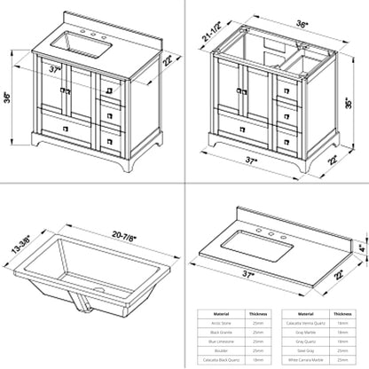 Hardware Resources Jeffrey Alexander Silver Label Addington 36" 2-Door 4-Drawer Gray Freestanding Vanity With Left Offset, Black Granite Vanity Top, Backsplash and Rectangle Undermount Sink