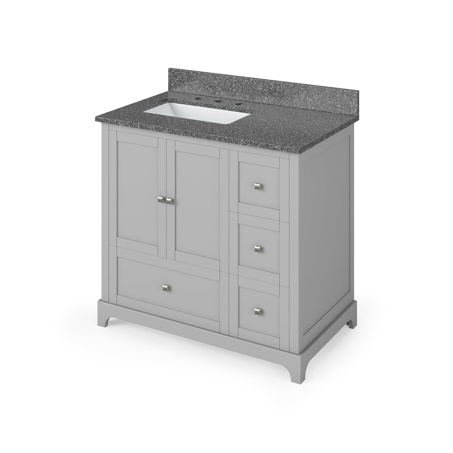 Hardware Resources Jeffrey Alexander Silver Label Addington 36" 2-Door 4-Drawer Gray Freestanding Vanity With Left Offset, Boulder Vanity Cultured Marble Vanity Top, Backsplash and Rectangle Undermount Sink