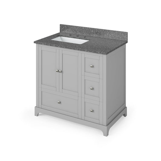 Hardware Resources Jeffrey Alexander Silver Label Addington 36" 2-Door 4-Drawer Gray Freestanding Vanity With Left Offset, Boulder Vanity Cultured Marble Vanity Top, Backsplash and Rectangle Undermount Sink