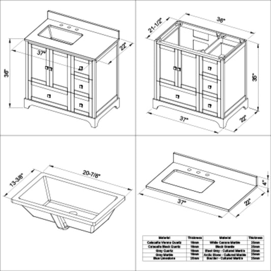 Hardware Resources Jeffrey Alexander Silver Label Addington 36" 2-Door 4-Drawer Gray Freestanding Vanity With Left Offset, Calacatta Vienna Quartz Vanity Top, Backsplash and Rectangle Undermount Sink