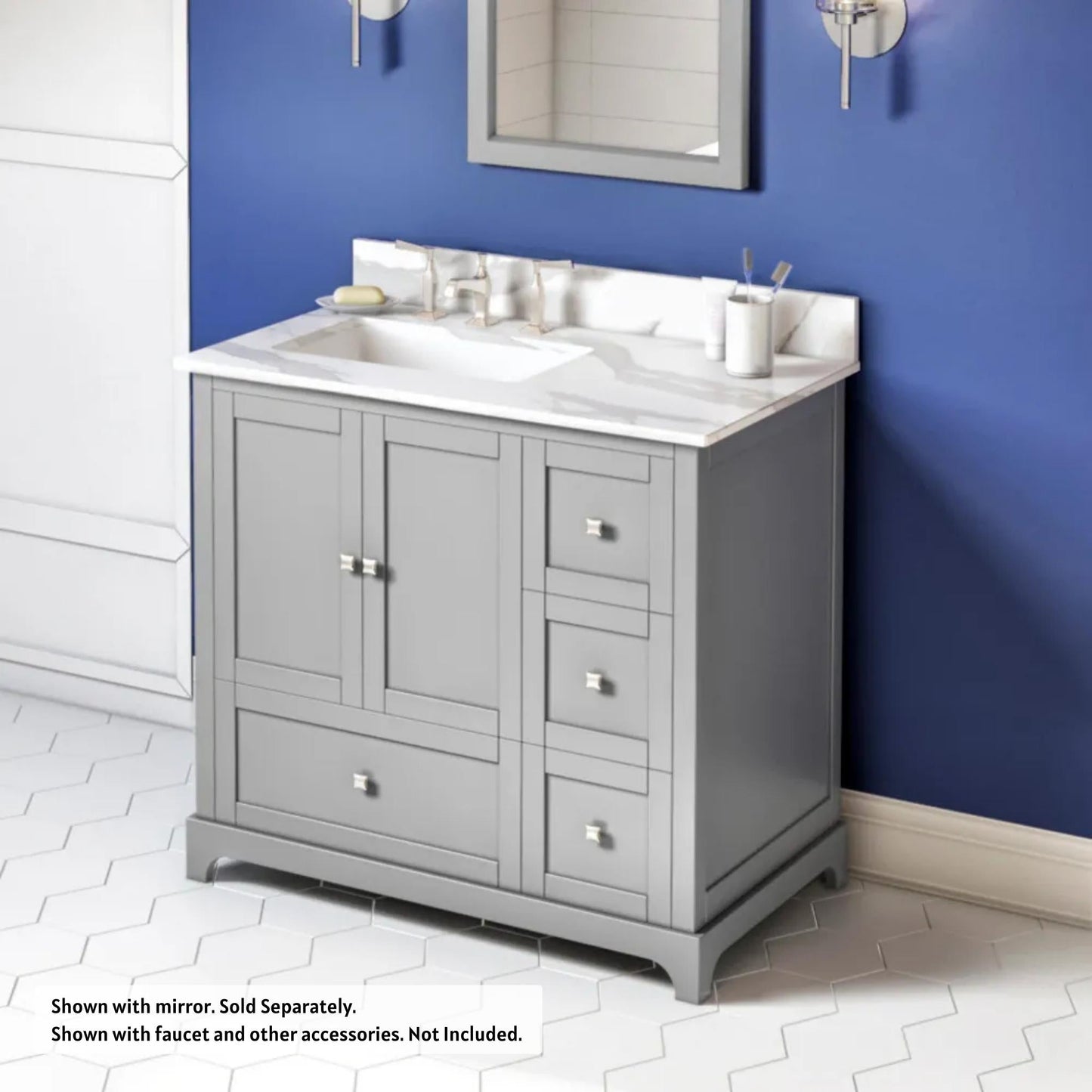 Hardware Resources Jeffrey Alexander Silver Label Addington 36" 2-Door 4-Drawer Gray Freestanding Vanity With Left Offset, Calacatta Vienna Quartz Vanity Top, Backsplash and Rectangle Undermount Sink