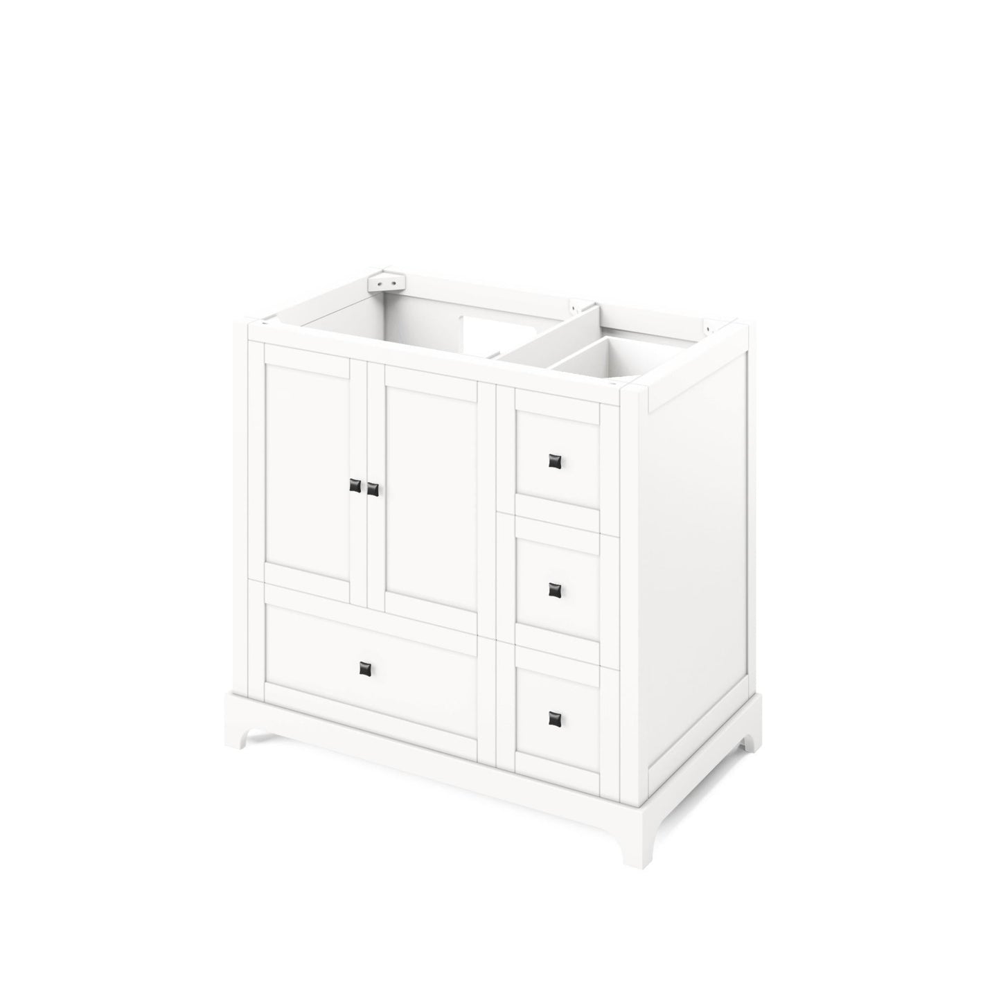 Hardware Resources Jeffrey Alexander Silver Label Addington 36" 2-Door 4-Drawer White Freestanding Vanity With Left Offset, Black Granite Vanity Top, Backsplash and Rectangle Undermount Sink