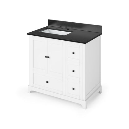 Hardware Resources Jeffrey Alexander Silver Label Addington 36" 2-Door 4-Drawer White Freestanding Vanity With Left Offset, Black Granite Vanity Top, Backsplash and Rectangle Undermount Sink