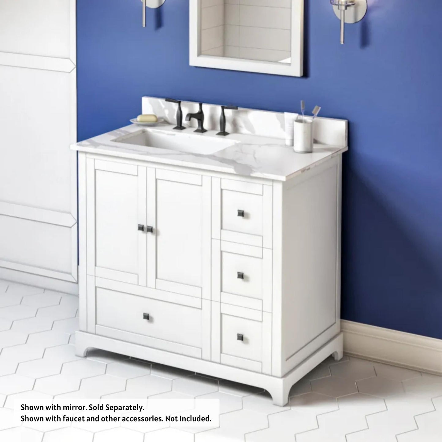 Hardware Resources Jeffrey Alexander Silver Label Addington 36" 2-Door 4-Drawer White Freestanding Vanity With Left Offset, Calacatta Vienna Quartz Vanity Top, Backsplash and Rectangle Undermount Sink