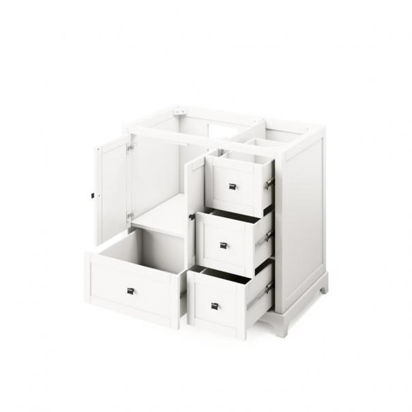 Hardware Resources Jeffrey Alexander Silver Label Addington 36" 2-Door 4-Drawer White Freestanding Vanity With Left Offset, White Carrara Marble Vanity Top, Backsplash and Rectangle Undermount Sink