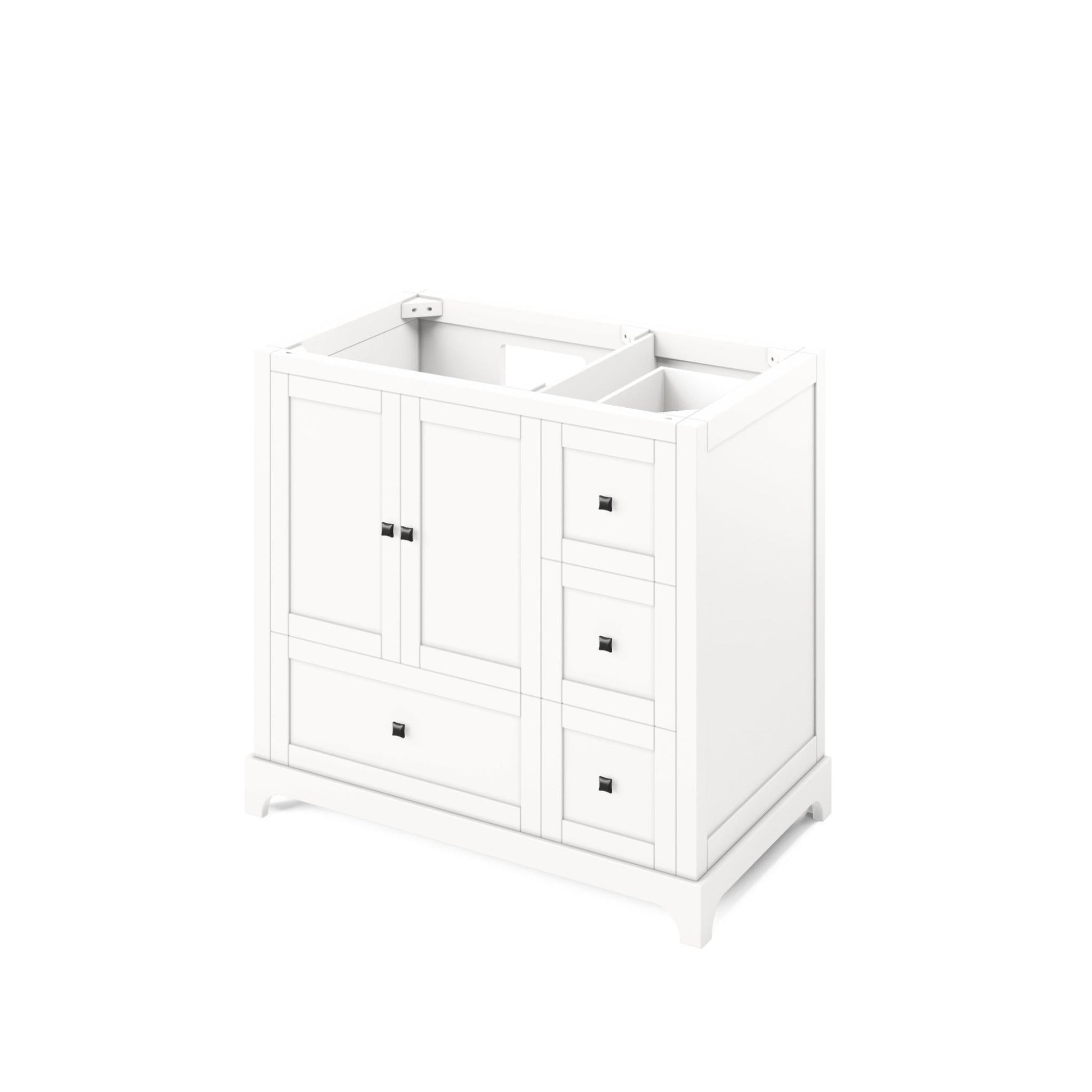 Hardware Resources Jeffrey Alexander Silver Label Addington 36" 2-Door 4-Drawer White Freestanding Vanity With Left Offset, White Carrara Marble Vanity Top, Backsplash and Rectangle Undermount Sink