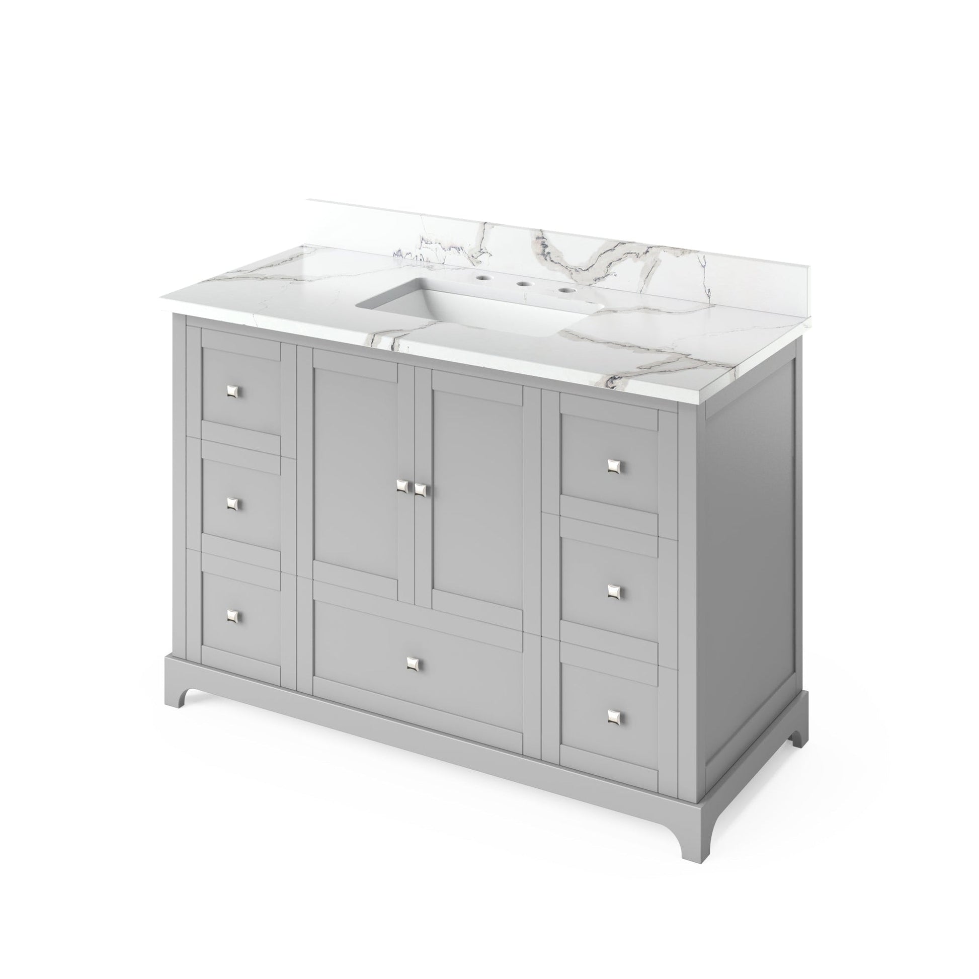 Hardware Resources Jeffrey Alexander Silver Label Addington 48" 2-Door 7-Drawer Gray Freestanding Vanity With Calacatta Vienna Quartz Vanity Top, Backsplash and Rectangle Undermount Sink