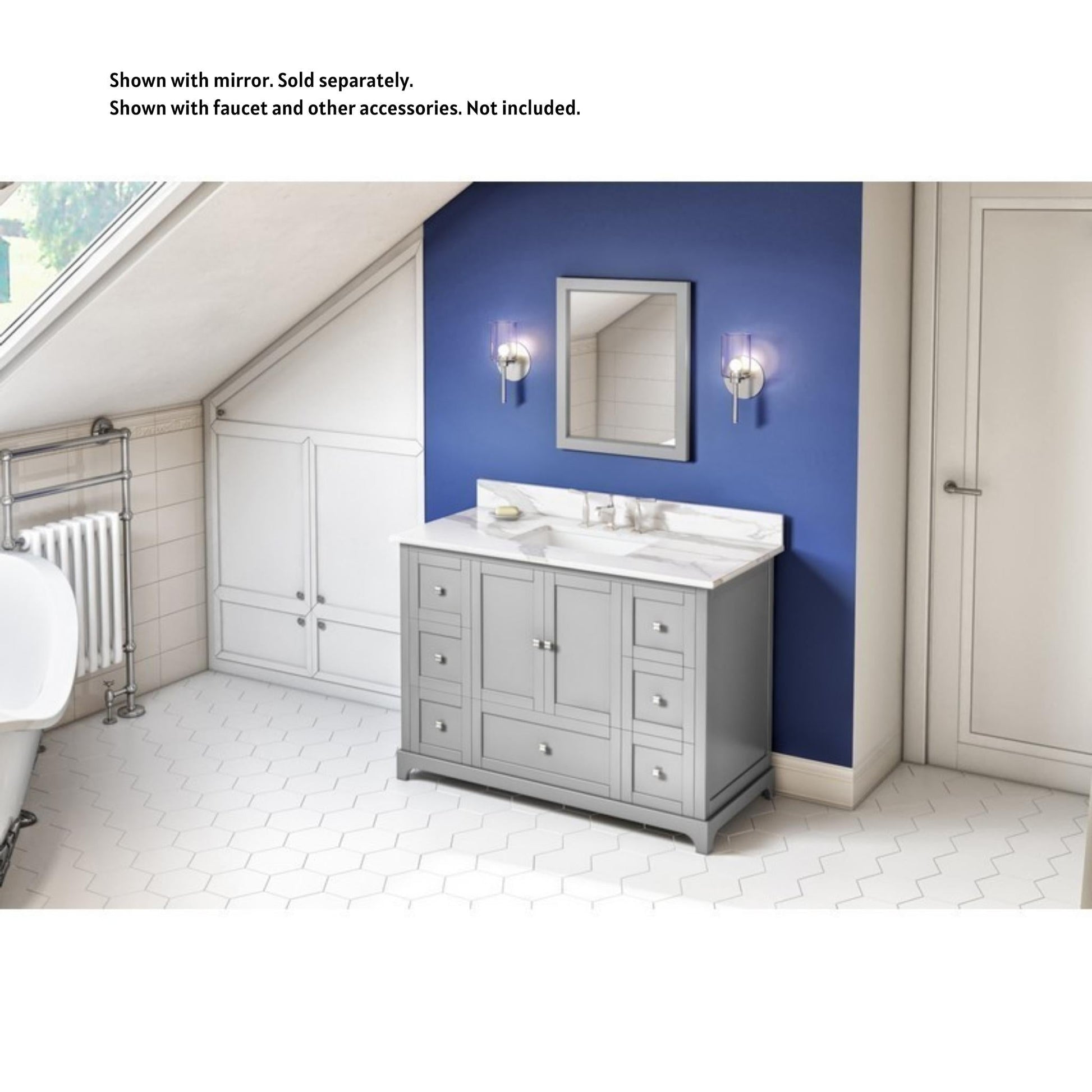 Hardware Resources Jeffrey Alexander Silver Label Addington 48" 2-Door 7-Drawer Gray Freestanding Vanity With Calacatta Vienna Quartz Vanity Top, Backsplash and Rectangle Undermount Sink