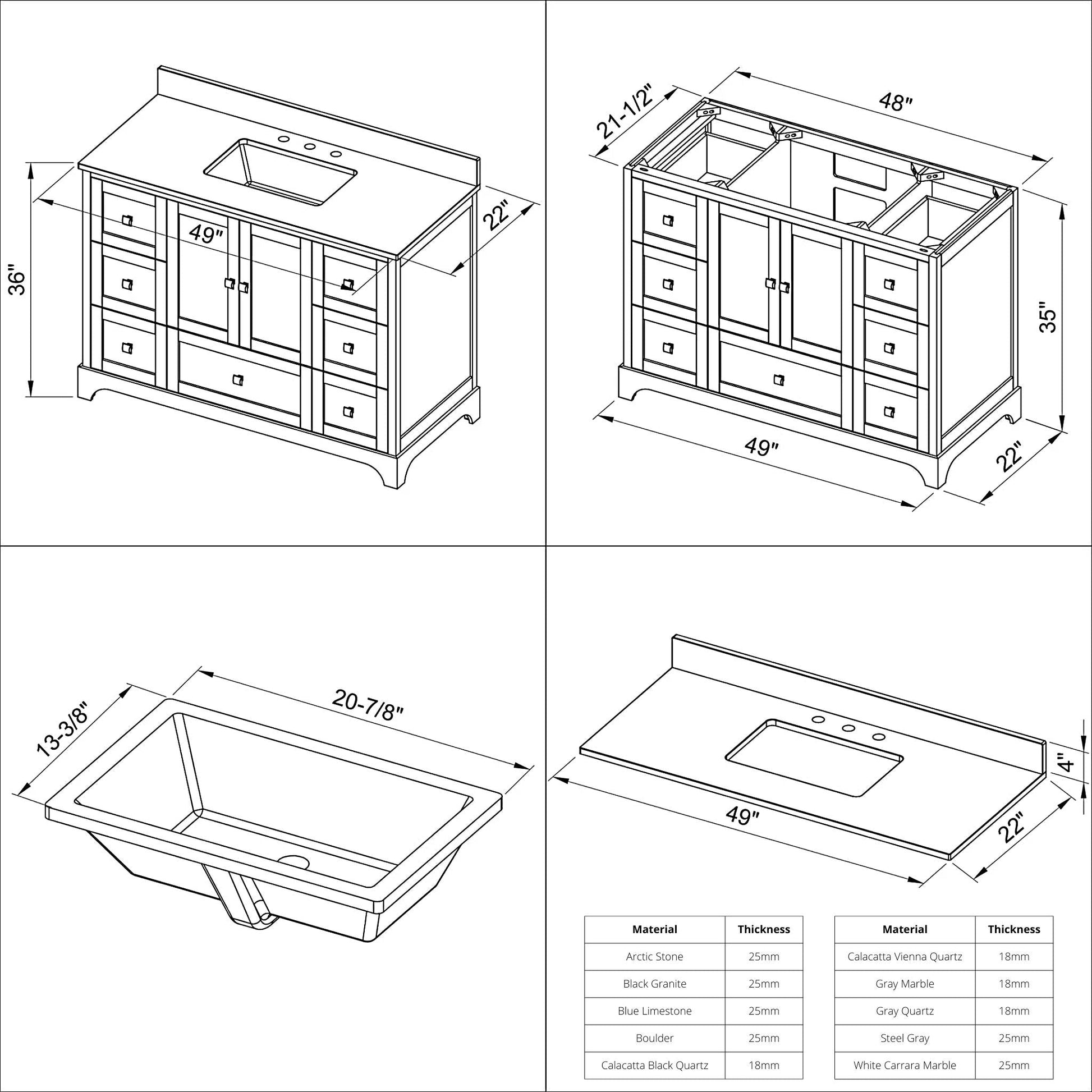 Hardware Resources Jeffrey Alexander Silver Label Addington 48" 2-Door 7-Drawer White Freestanding Vanity With Calacatta Vienna Quartz Vanity Top, Backsplash and Rectangle Undermount Sink