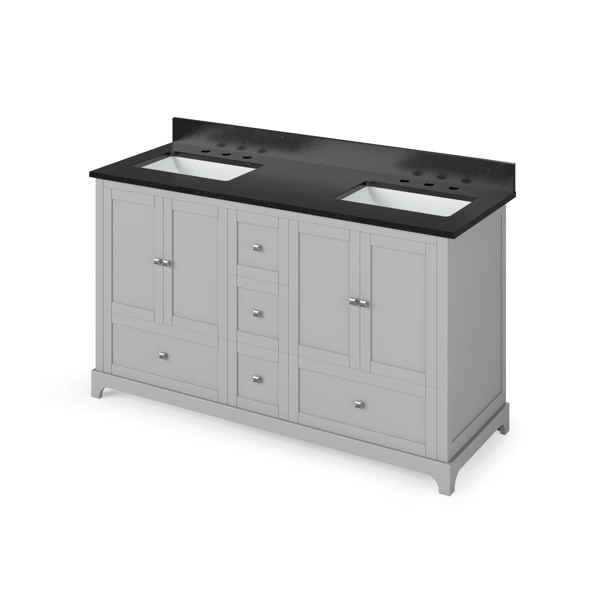 Hardware Resources Jeffrey Alexander Silver Label Addington 60" 4-Door 5-Drawer Gray Freestanding Vanity With Double Bowl, Black Granite Vanity Top, Backsplash and Rectangle Undermount Sink