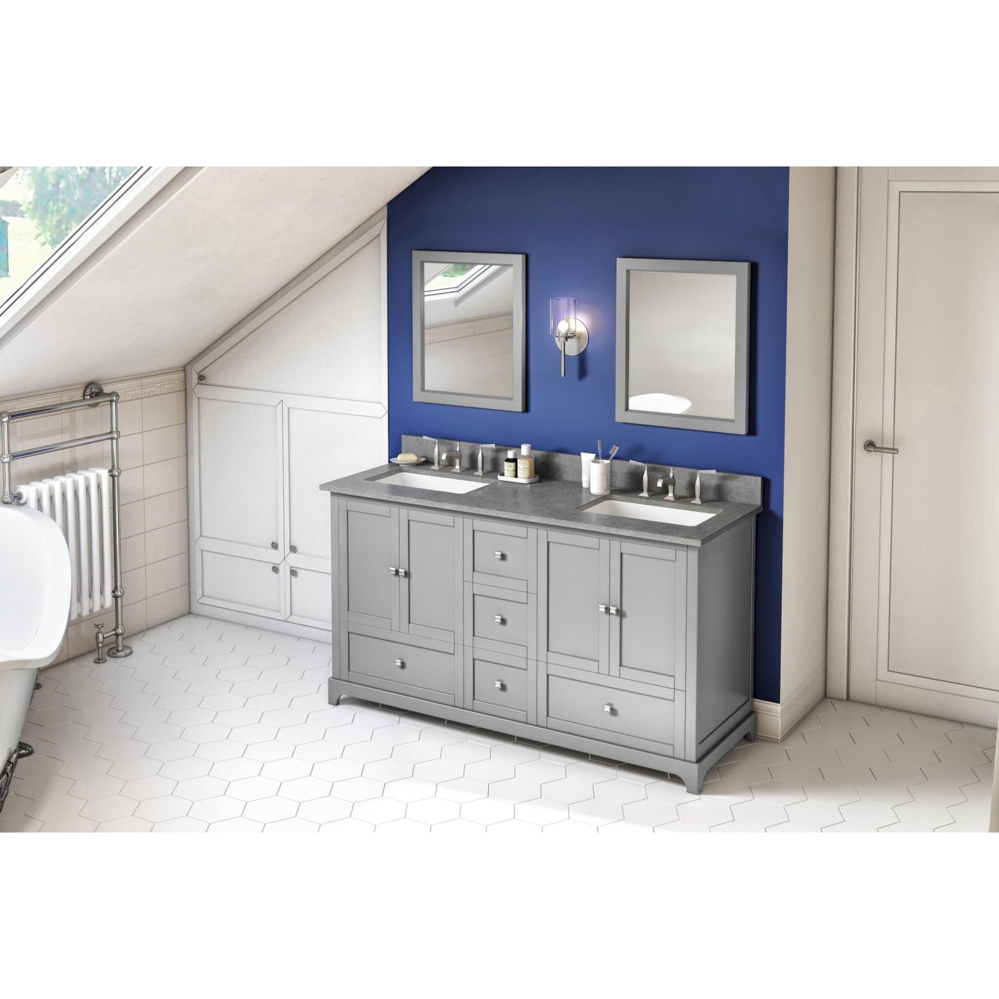 Hardware Resources Jeffrey Alexander Silver Label Addington 60" 4-Door 5-Drawer Gray Freestanding Vanity With Double Bowl, Steel Gray Cultured Marble Vanity Top, Backsplash and Rectangle Undermount Sink