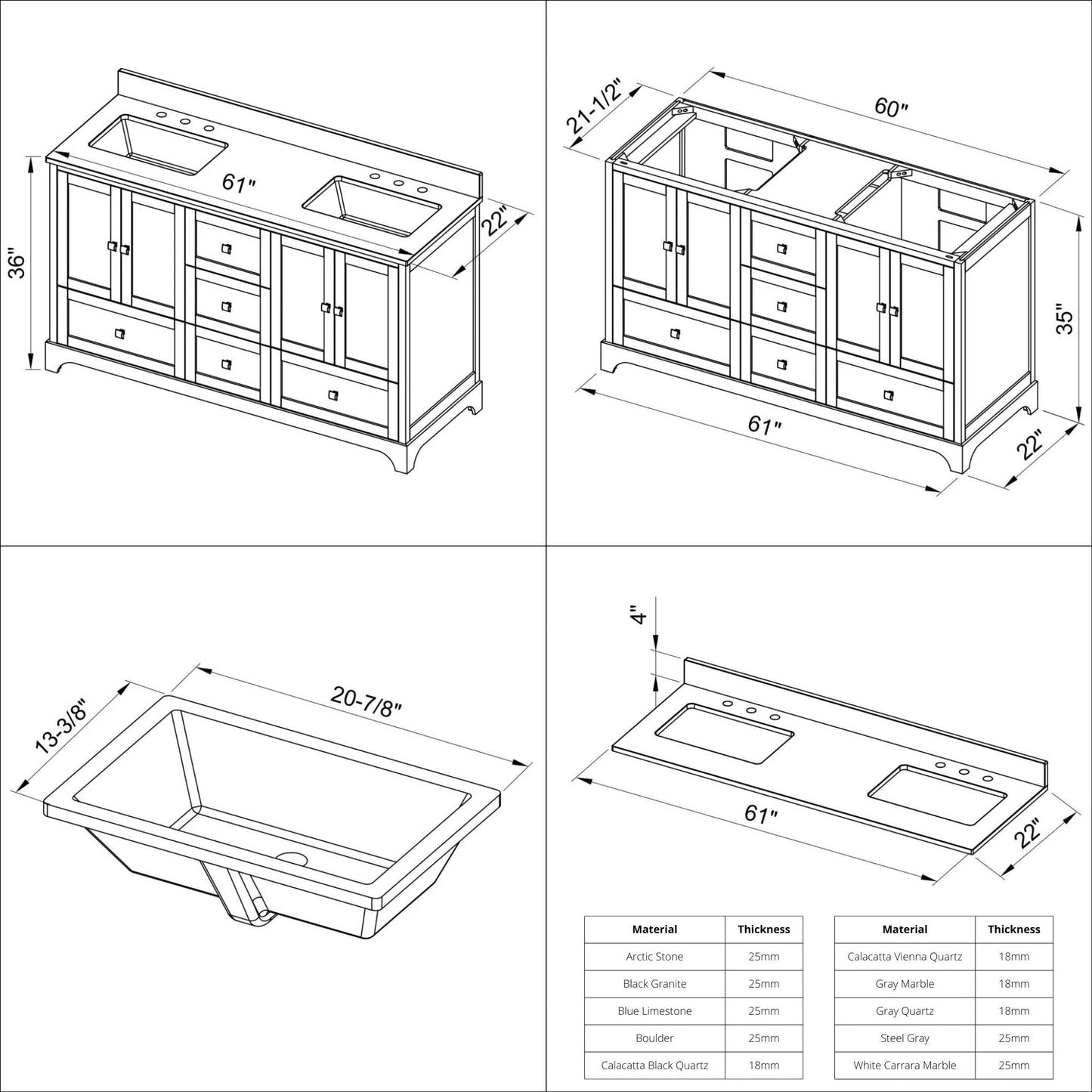 Hardware Resources Jeffrey Alexander Silver Label Addington 60" 4-Door 5-Drawer Gray Freestanding Vanity With Double Bowl, Steel Gray Cultured Marble Vanity Top, Backsplash and Rectangle Undermount Sink