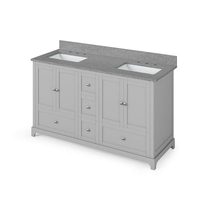 Hardware Resources Jeffrey Alexander Silver Label Addington 60" 4-Door 5-Drawer Gray Freestanding Vanity With Double Bowl, Steel Gray Cultured Marble Vanity Top, Backsplash and Rectangle Undermount Sink