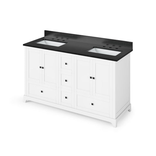 Hardware Resources Jeffrey Alexander Silver Label Addington 60" 4-Door 5-Drawer White Freestanding Vanity With Double Bowl, Black Granite Vanity Top, Backsplash and Rectangle Undermount Sink