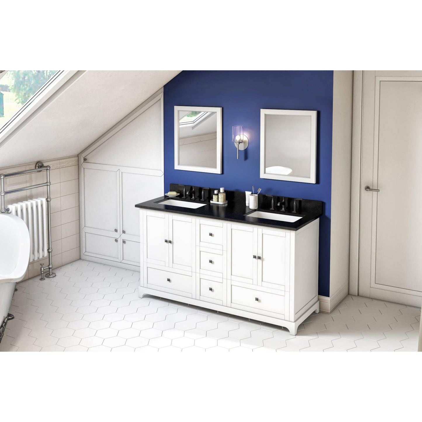 Hardware Resources Jeffrey Alexander Silver Label Addington 60" 4-Door 5-Drawer White Freestanding Vanity With Double Bowl, Black Granite Vanity Top, Backsplash and Rectangle Undermount Sink