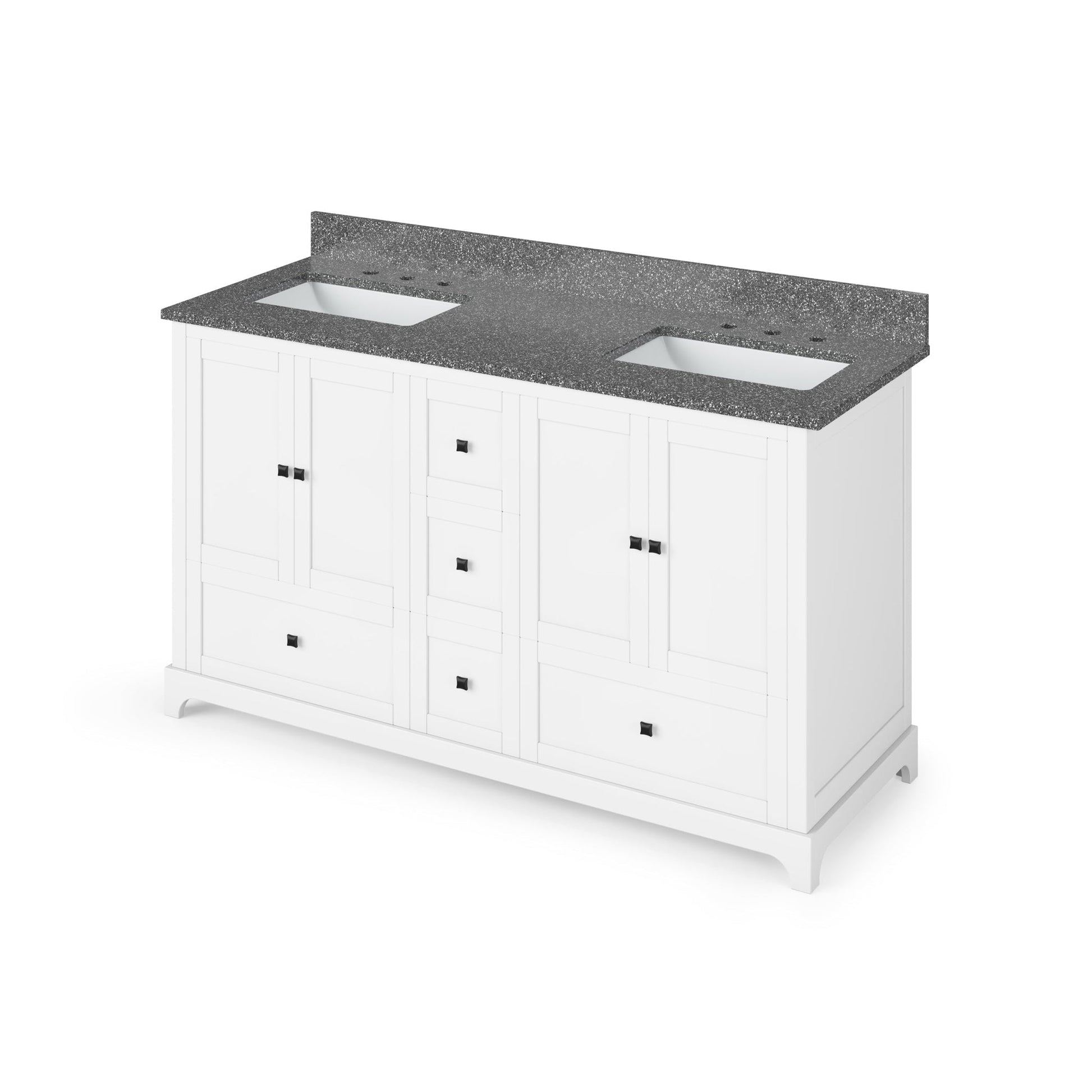 Hardware Resources Jeffrey Alexander Silver Label Addington 60" 4-Door 5-Drawer White Freestanding Vanity With Double Bowl, Boulder Cultured Marble Vanity Top, Backsplash and Rectangle Undermount Sink