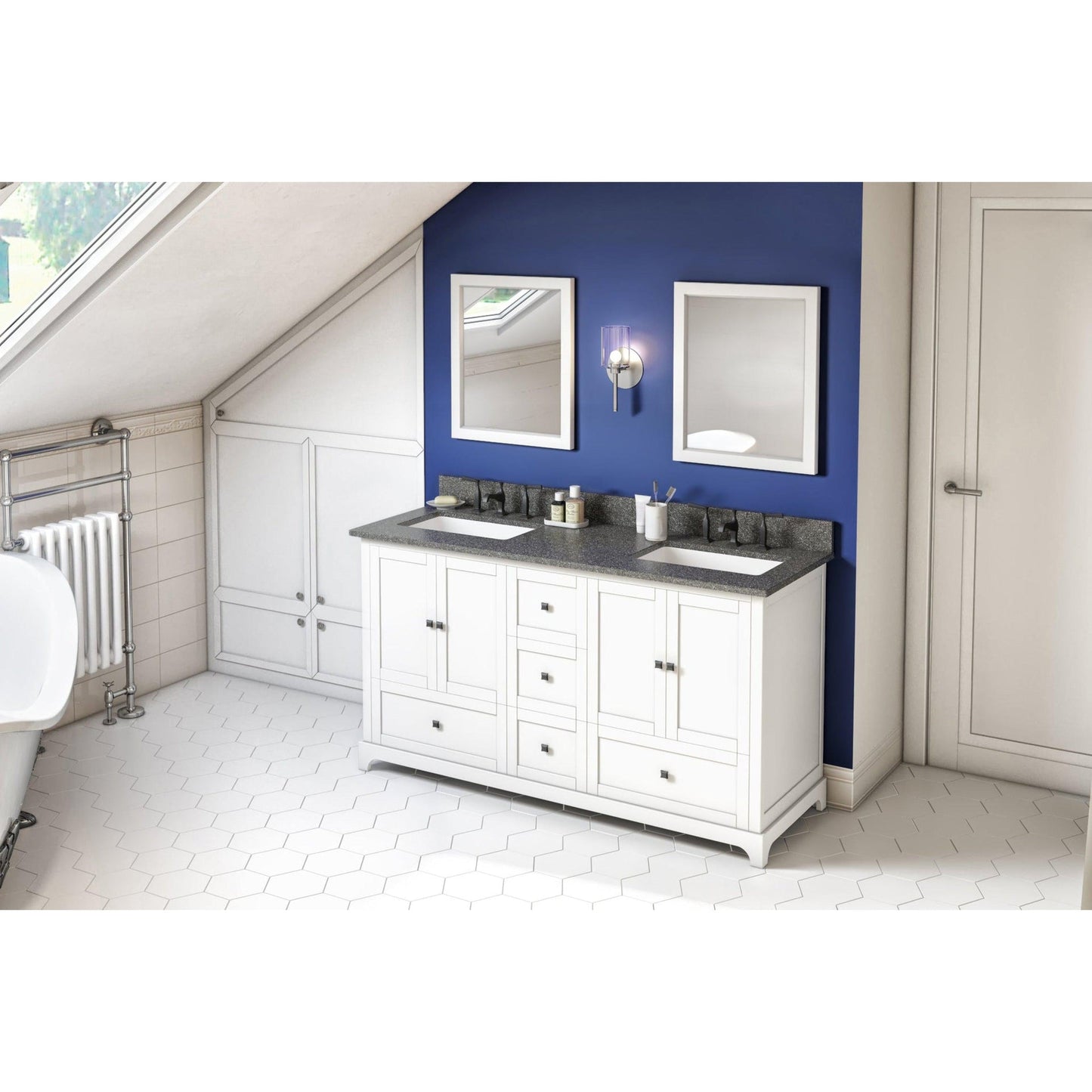 Hardware Resources Jeffrey Alexander Silver Label Addington 60" 4-Door 5-Drawer White Freestanding Vanity With Double Bowl, Boulder Cultured Marble Vanity Top, Backsplash and Rectangle Undermount Sink